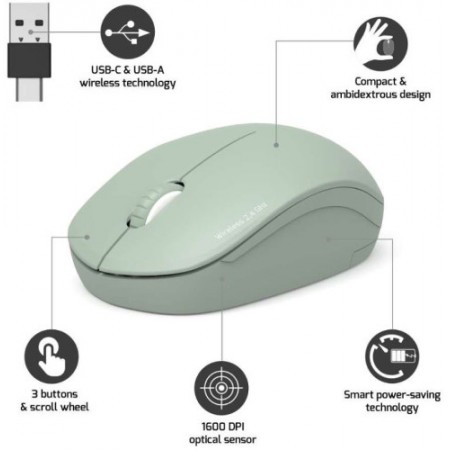 Port miš OFFICE WL USB-A/C, bežični, zelen