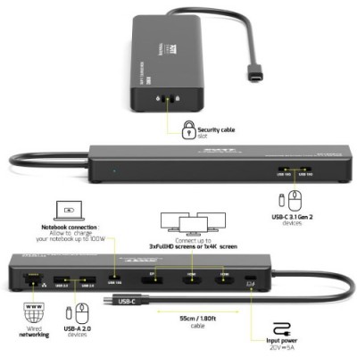 Port docking travel USB-C,1x4K ili 3XFHD, do 100W