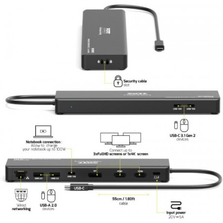 Port docking travel USB-C,1x4K ili 3XFHD, do 100W