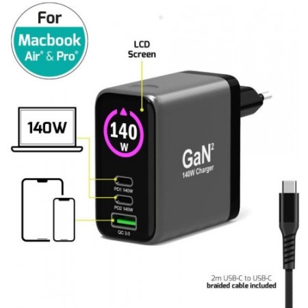 Port zidni punjač 140W type C,GaN2+USB-C kabel 2m